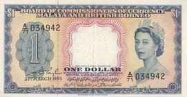 Malaya and British Borneo, 1 Dollar, 1953, XF (+), p1a
serial number: A/71 034942, Portrait of Queen Elizabeth II
Estimate: $ 40-60