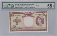 Malta, 1 Dollar, 1954, AUNC, p24b 
PMG 58, EPQ, Serial Number: A/23 850119, Queen Elizabeth II portrait
Estimate: $ 100-200