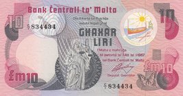 Malta, 10 Liri ( Pound ), 1967, UNC, p36a
Map at upper left, Statue of Justice at center, "Without 3 dots", Serial No: C/1 834434
Estimate: $ 125-25...