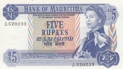 Mauritius, 5 Rupees, 1967, AUNC, p30b
serial number: A/24 520233, signs: Beejadhur and Bunwaree, Queen Elizabeth II portrait
Estimate: $ 50-100