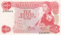 Mauritius, 10 Rupees, 1967, UNC, p31c
serial number: A/64 114201, Signature 4, Portrait of Elizabeth II at Front and Goverment Building at Back
Esti...