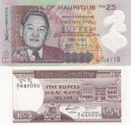 Mauritius, 5 Rupees and 25 Rupees, 1985/ 1998, UNC, p34/ p42, (Total 2 Banknotes)
serial numbers: A/I 640050 and HD928119, Signature 5 (for 5 Rupees)...