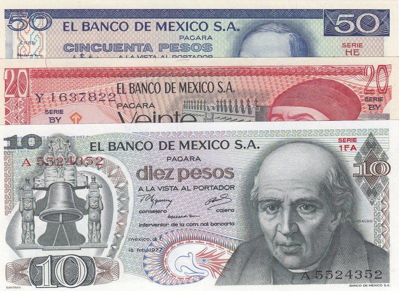 Mexico, 10 Pesos, 20 Pesos and 50 Pesos, 1977/1981, UNC, p63i/p64d/p73, (Total 3...