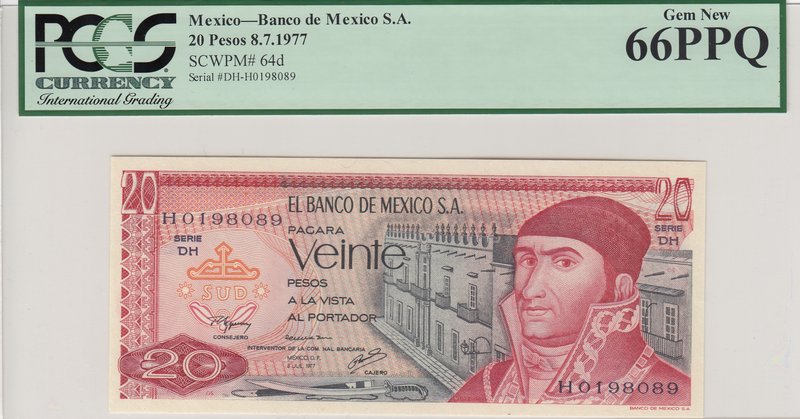 Mexıco, 20 Pesos, 1977, UNC, p64d
PCGS 66 PPQ, serial number: DH-H198089
Estim...