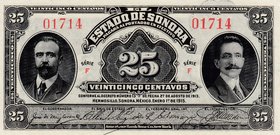 Mexico, 25 Centavos, 1915, UNC, S1069
serial number: 01714, Portrait of 2 Men, (SONORA)
Estimate: $ 10-20