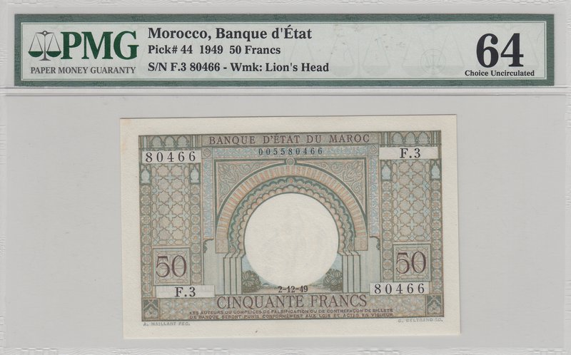 Morocco, 50 Francs, 1949, UNC, p44
PMG 64, serial number: F.3-80466
Estimate: ...