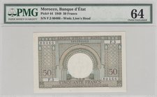 Morocco, 50 Francs, 1949, UNC, p44
PMG 64, serial number: F.3-80466
Estimate: $ 150-300