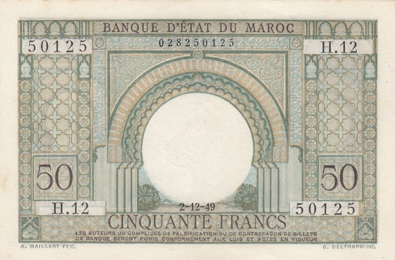 Morocco, 50 Francs, 1949, UNC, p44
serial number: H.12 50125
Estimate: $ 50-10...