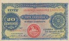 Mozambique, 20 Centavos, 1914, AUNC, p60
serial number: A2 669762, Third Issue, Banco Nacional Ultramarino, Portuguese Administration
Estimate: $ 10...
