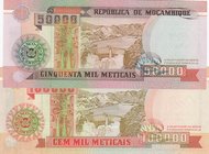 Mozambique, 50000 Meticais and 100000 Meticais, 1993, UNC, p138/ p139, (Total 2 Banknotes)
serial numbers: EC7628608 and FE4006191, Bank of Mozambiqu...
