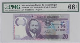 Mozambique, 20 Meticais, 2011, UNC, p149, (PMG 66)
PMG 66, serial number: AA33311502, Portrait of Samora Moises Machel
Estimate: $ 10-20