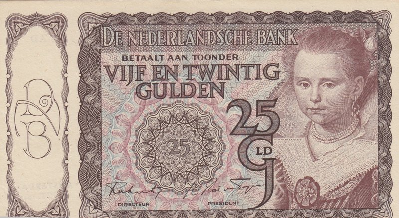 Netherlands, 25 Gulden, 1943, UNC, p60
serial number: 8AD 062129, Young Girl Po...