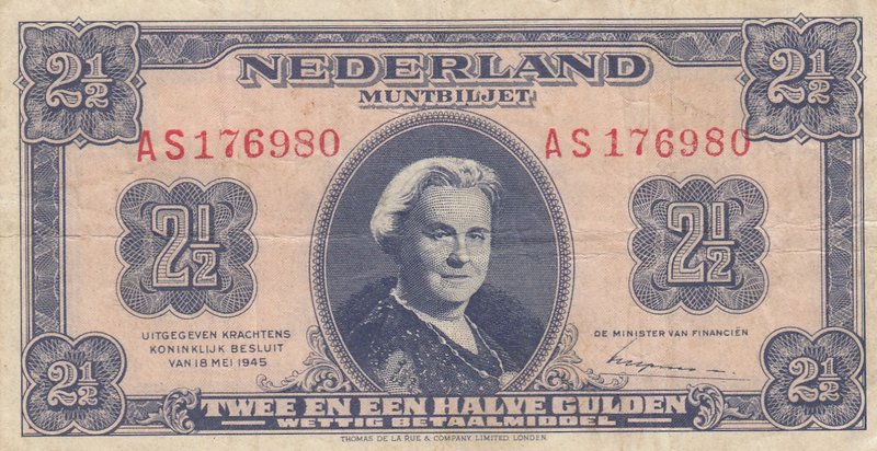 Netherlands, 2,5 Gulden, 1945, VF, p71
serial number: AS176980, Portrait of Que...