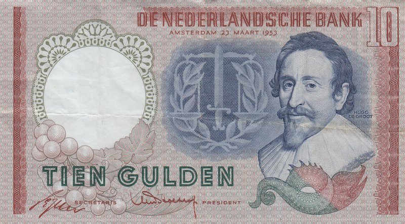 Netherlands, 10 Gulden, 1953, XF, p85
serial number: DFX 027372, Portrait of Hu...
