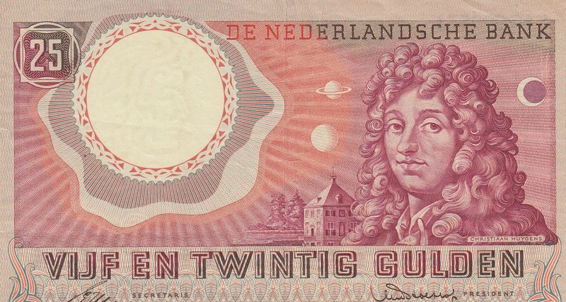 Netherlands, 25 Gulden, 1955, XF,p87
serial number: AG 006573, Christian Huygen...