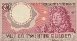 Netherlands, 25 Gulden, 1955, XF,p87
serial number: AG 006573, Christian Huygens portrait at right
Estimate: $ 25-50