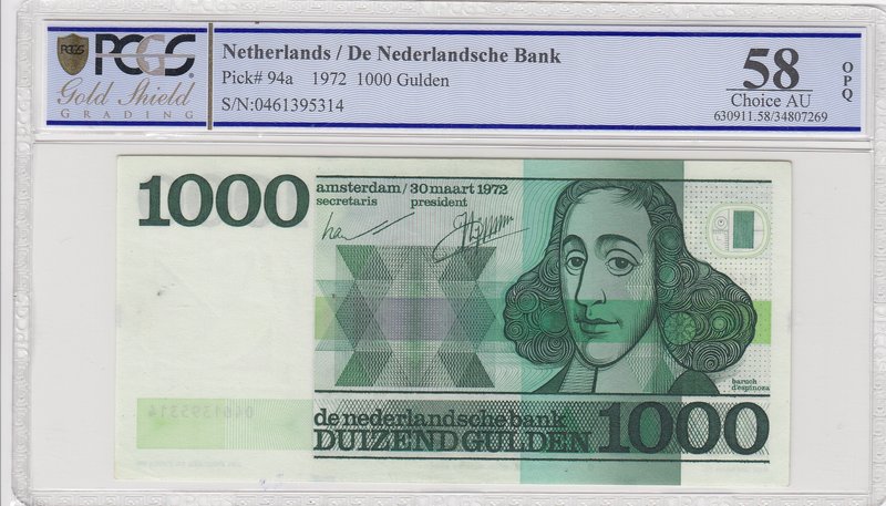 Netherlands, 1000 Gulden, 1972, AUNC, p94a
PCGS 58 OPQ, serial number: 04613953...