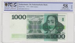 Netherlands, 1000 Gulden, 1972, AUNC, p94a
PCGS 58 OPQ, serial number: 0461395314, Baruch Spinoza portrait at right (He was a Dutch philosopher of Po...