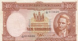 New Zealand, 10 Shillings, 1940-1955, VF, p158a
serial number: I52 515626, Signature T.P. Hanna, Portrait of Capt. James Cook
Estimate: $ 80-100