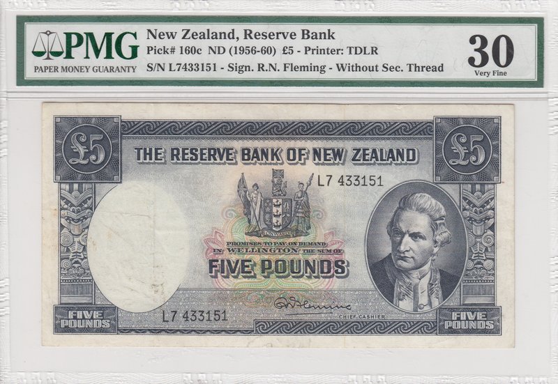 New Zealand, 5 Pounds, 1956-1960, VF, p160c, (PMG 30)
PMG 30, serial number: L7...