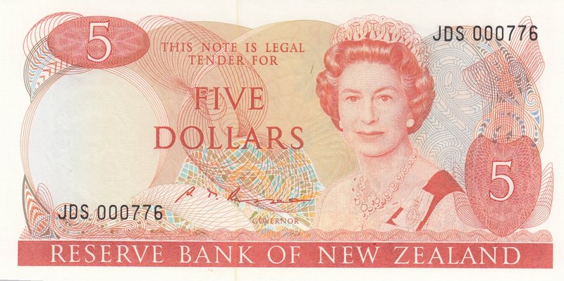 New Zealand, 5 Dollars, 1985-89, UNC, p171b
serial number: JDS 000776, Signatur...