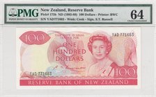 New Zealand, 100 Dollars, 1985-1989, UNC, p175b, (PMG 64)
PMG 64, serial number: YAD 771663, Signature S.T. Russel, Portrait of Queen Elizabeth II
E...