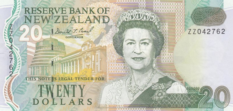 New Zeland, 20 Dollars, 1992, XF, p179
serial number: ZZ042762, Signature D.T. ...