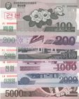 North Korea, 100 Won, 200 Won, 500 Won, 1000 Won, 2000 Won and 5000 Won, 2008, UNC, SPECIMEN, (Total 6 banknotes)
Estimate: $ 15-30