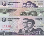 North Korea, 5 Won, 10 Won and 50 Won, 2002, UNC, SPECIMEN, (Total 3 banknotes)
Estimate: $ 10-20