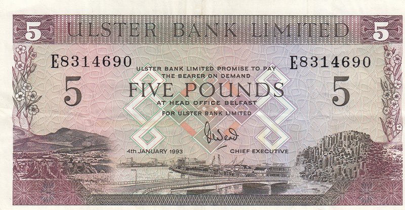 Northern Ireland, 5 Pounds, 1993, VF, p331b
serial number: E8314690, Signature ...