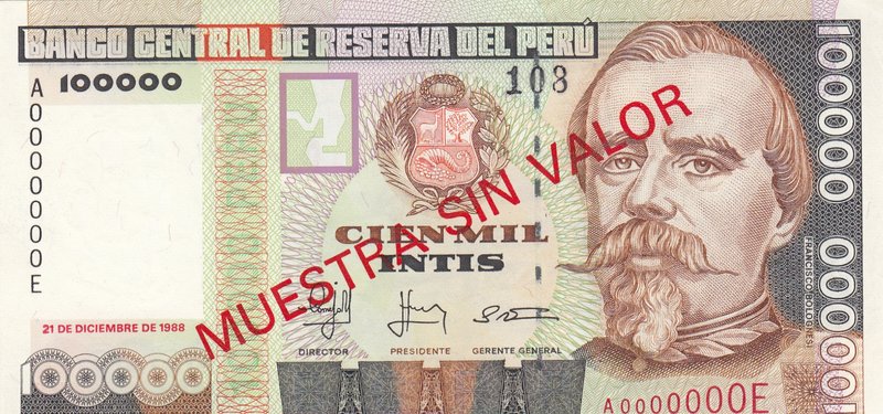 Peru, 100.000 İntis, 1988, UNC, p144, SPECİMEN
serial number: A 0000000E, Peruv...