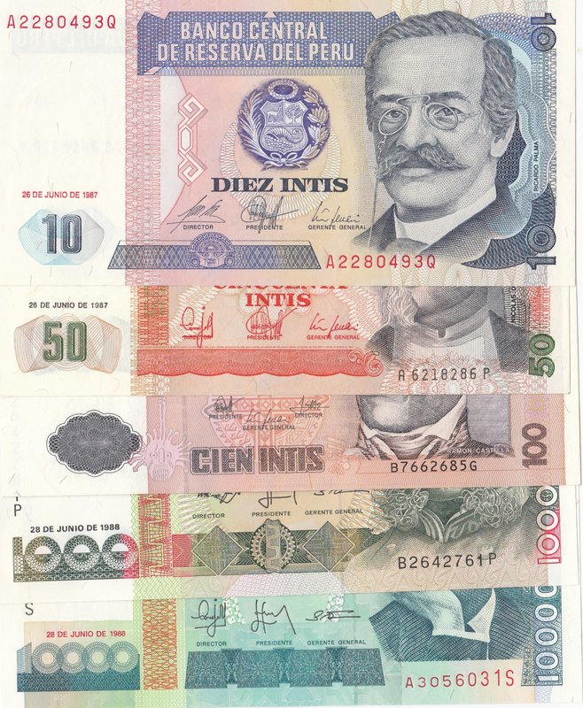 Peru, 10 İntis, 50 İntis, 100 İntis, 1000 İntis and 10.000 İntis, 1987/1988, UNC...