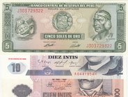 Peru, 3 Pieces UNC Banknotes
5 Soles de Oro, 1974/ 10 Intis, 1986/ 100 Intis, 1987
Estimate: $ 10-20