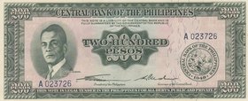Philippines, 200 Piso, 1949, UNC, p144
serial number: A 023726, Manuel Luis Quezón y Molina portrait at left
Estimate: $ 15-30