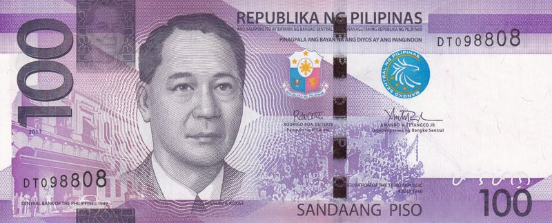 Philippines, 100 Piso, 2017, UNC, p208
serial number: DT 098808, Manuel Acuña R...