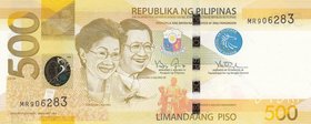 Philippines, 500 Piso, 2014, UNC, p210
serial number: MR 906283, Benigno Simeon Cojuangco Aquino III and his wife portrait at left (he is the 15th Pr...