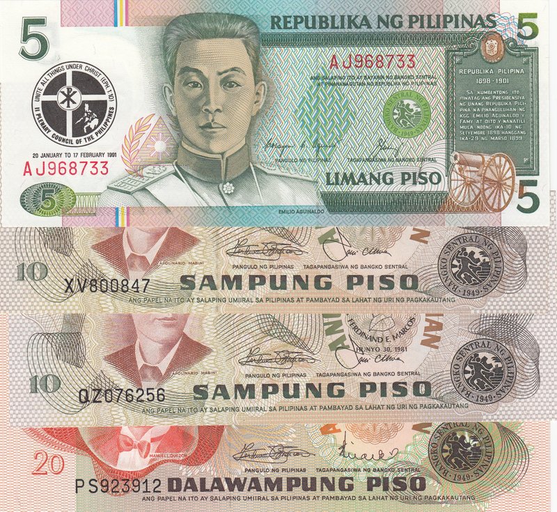 Philippines, 5 Piso, 10 Piso, 10 Piso and 20 Piso, 1991/ 1981, UNC, p179/ p161b/...