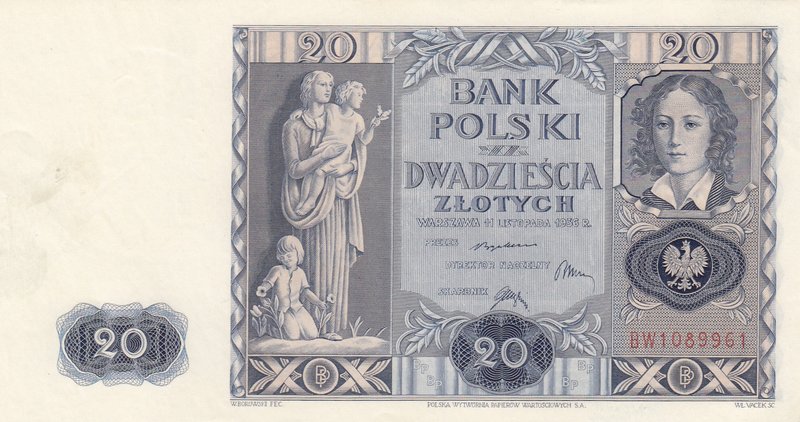 Poland, 20 Zlotych, 1936, UNC, p77
serial number: BW 1089961, Statue of Emilia ...