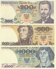 Poland, 200 Zlotych, 500 Zlotych and 1000 Zlotych, 1982/1988, UNC, p144/p145/p146, (Total 3 banknotes)
serial numbers: EP 2051061, GH 4706371 and KD ...