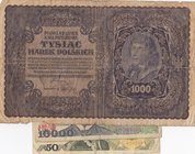 Poland, 50 Zlotych, 1000 Marek and 10.000 Zlotych, 1982/ 1919/1988, (Total 3 banknotes)
Estimate: $ 5-10