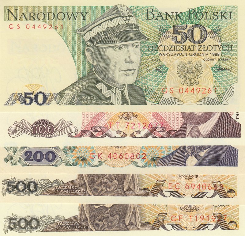 Poland, 5 Pieces UNC Banknotes
50 Zlotych, 1988/ 100 Zlotych, 1988/ 200 Zlotych...