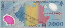 Romania, 2000 Lei, 1999, UNC, p111b
serial number: 001A0899634, Serial Prefix 001A in folder ( One million pieces)
Estimate: $ 15-30