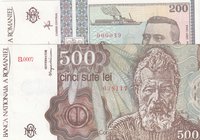 Romania, 200 Lei and 500 Lei, 1992/ 1991, UNC, p100a/ p98b, (Total 2 Banknotes)
serial numbers: B0003 000049 and B0007 038117, Portrait of Grigore An...