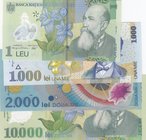 Romania, 1 Lei, 1000 Lei, 2000 Lei and 10000 Lei, UNC, p117i/ p106/ p111a/ p112a, (Total 4 Banknotes)
serial numbers: 141F6501140, 012D1122848, 009B1...