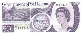 Saint Helena, 50 Pence, 1979, UNC, p5a
serial number: VI 115438, View of Island at Left, Portrait of Queen Elizabeth II at Right
Estimate: $ 50-80
