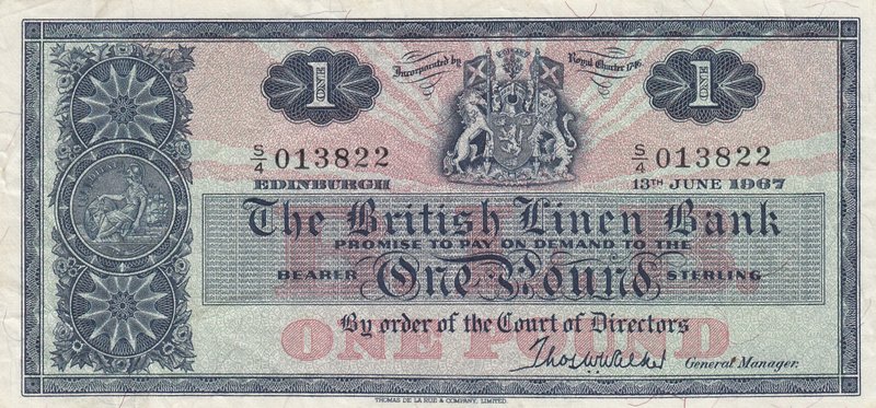 Scotland, 1 Pound, 1967, XF, p168
serial number: 5/4 013822, Britain emblem at ...