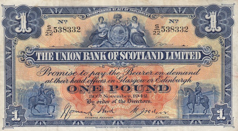 Scotland, 1 Pound, 1952, VF (+), pS815 
serial number: S/22 538332, The Union B...