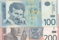 Serbia, 100 and 200 Dinara, 2012-2013, VF/XF, p57/p58, (Total 2 banknotes)
100 Dinara: serial number: AA 9235787, "AA" First Prefix, Serbian-American...