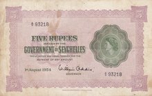 Seychelles, 5 Rupees, 1954, VF, p11a
serial number: A/5 93218, Queen Elizabeth Iı portrait
Estimate: $ 200-400
