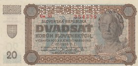 Slovakia, 20 Korun, 1942, UNC, p7a
serial number: Gn51 354359, Portrait of J.Hally
Estimate: $ 10-30